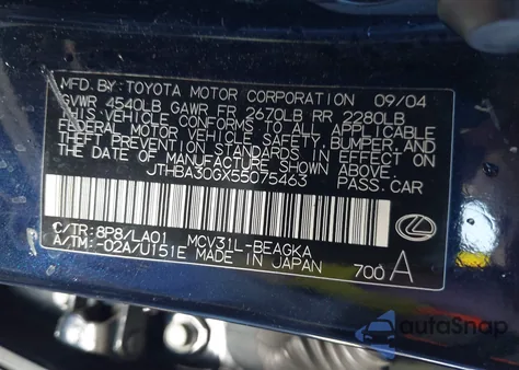 2005 Lexus Es 330 z USA, uszkodzony, nr VIN JTHBA30GX55075463